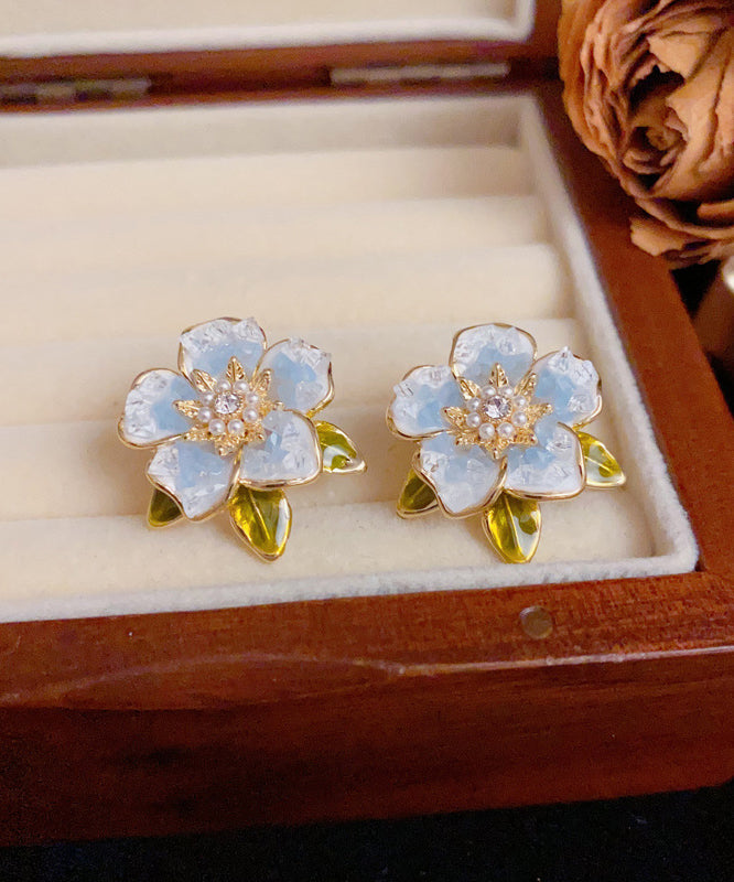 Modern Sterling Camellia Overgild Pearl Stud Blue Silver Earrings Zircon