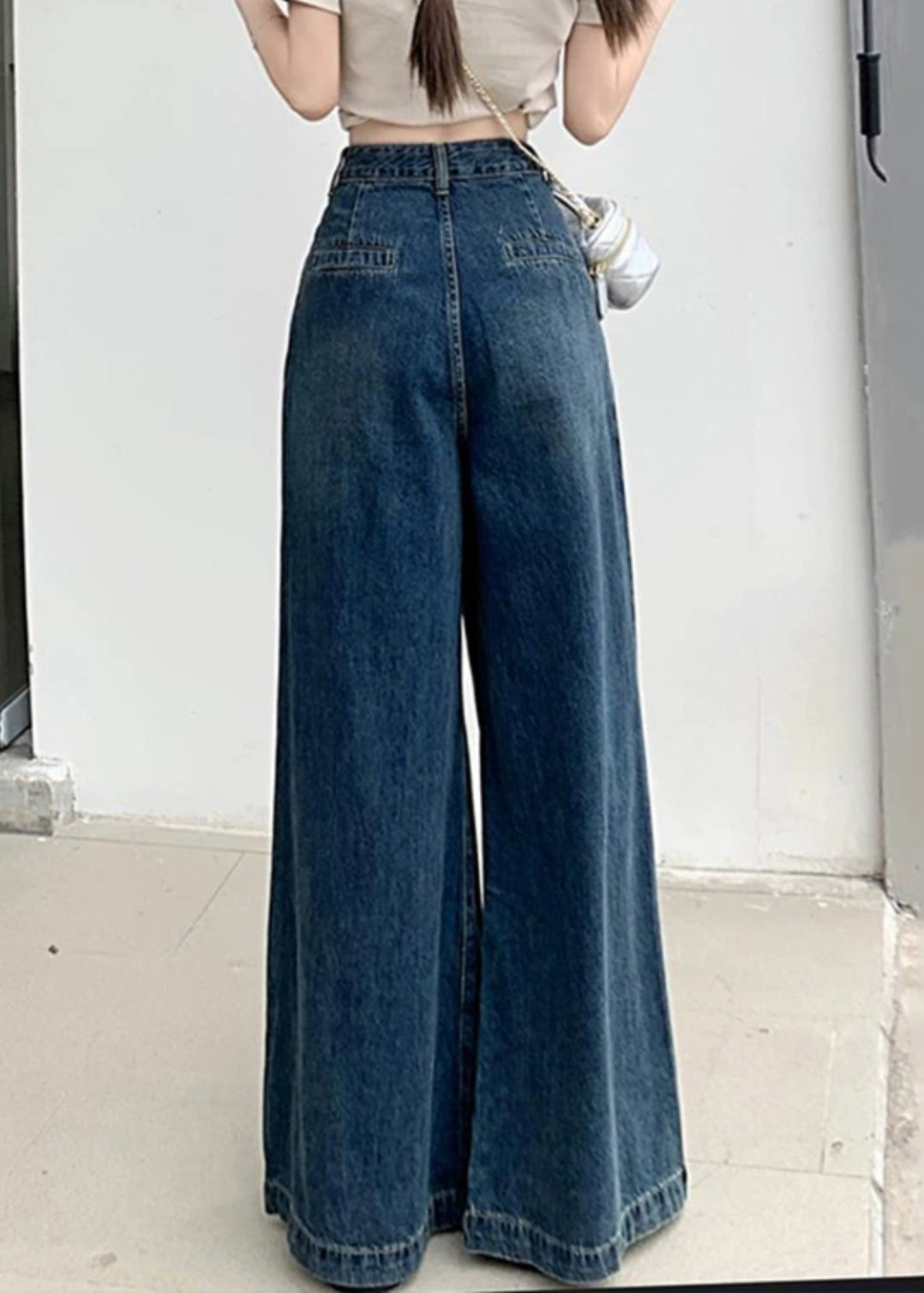 Moderne Blaue Faltentaschen Denim Weite Beinhose Sommer