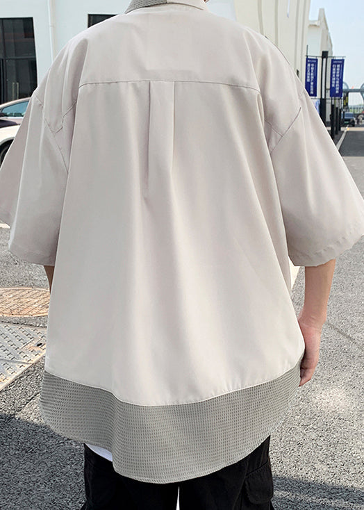 Blue Mens Patchwork Modern Cotton Half Shirts Zippered Sleeve