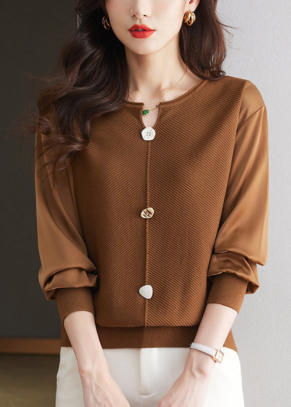 Modern Coffee O Neck Patchwork Knit Top Spring TQ019