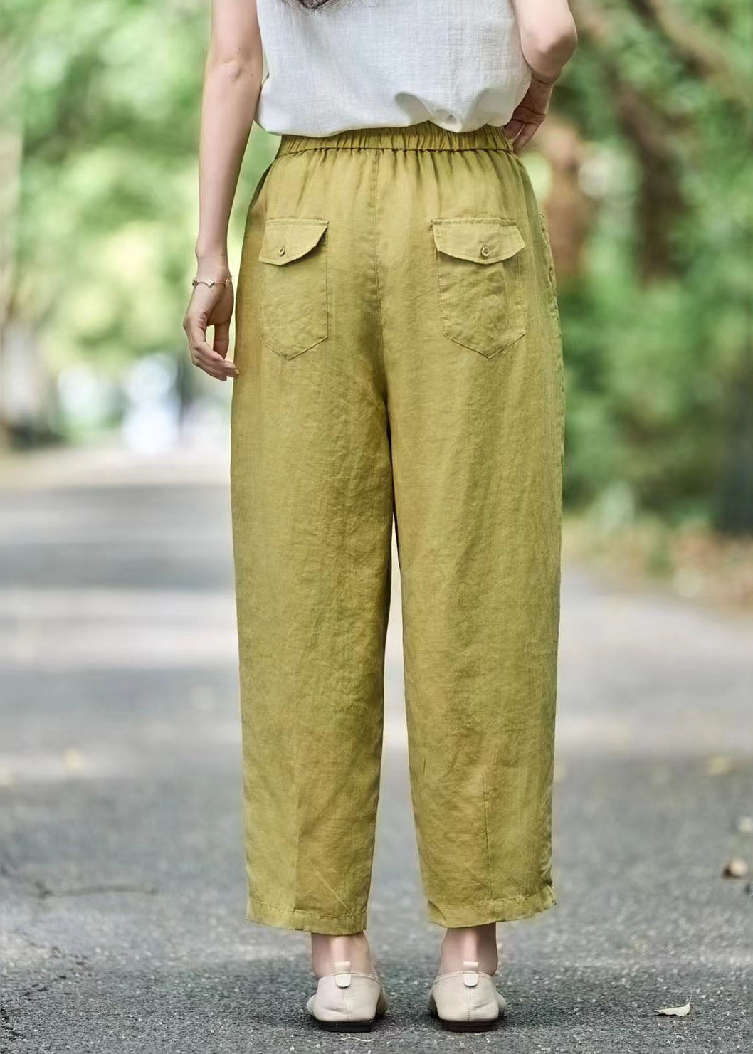 Grass Oversized Elastic Waist Modern Pants Harem Green Linen