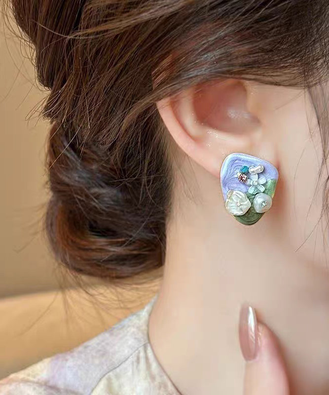 Floral Rice Alloy Stud Purple Light Beads Earrings Modern Zircon