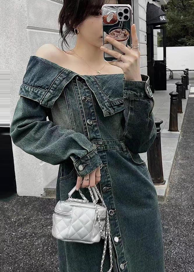 Side Cold Shoulder Modern Open Summer Navy Denim Dresses