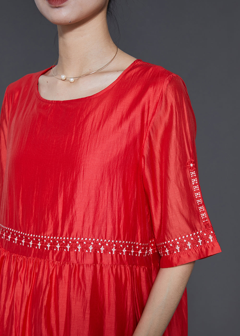 Modernes orange besticktes Leinen-Seidenkleid Sommer SD1094