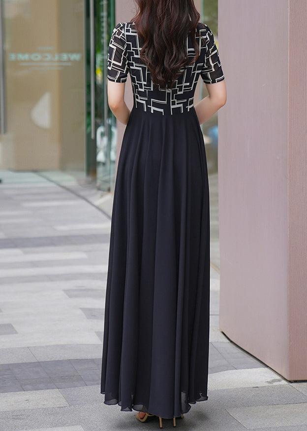 Dresses Patchwork Summer Long Chiffon Black V Natural Neck