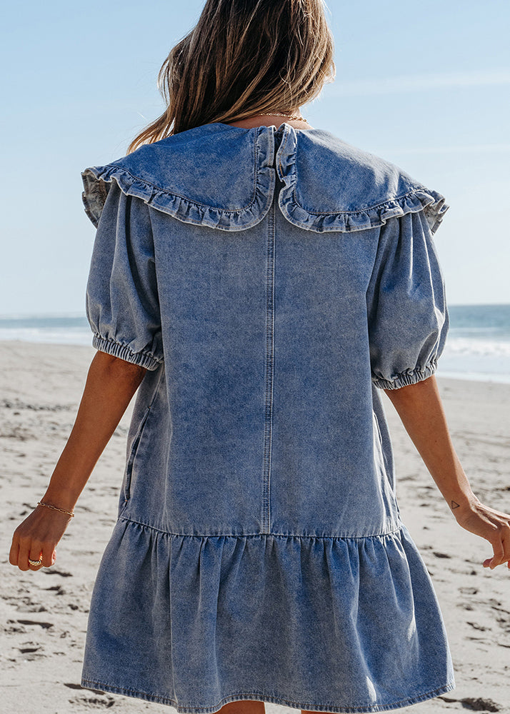 Dresses Blue Denim Mid Patchwork Sailor Summer Collar Natural