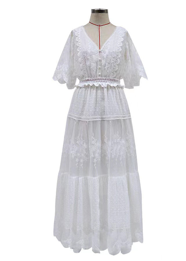 Dresses Summer Lace White Robe Neck Jacquard V Natural