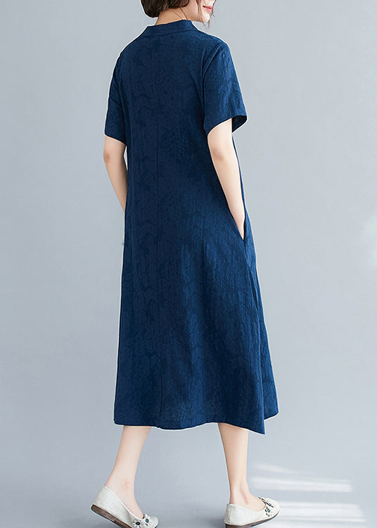 Linen Navy Jacquard Mid Embroidered Dresses Summer