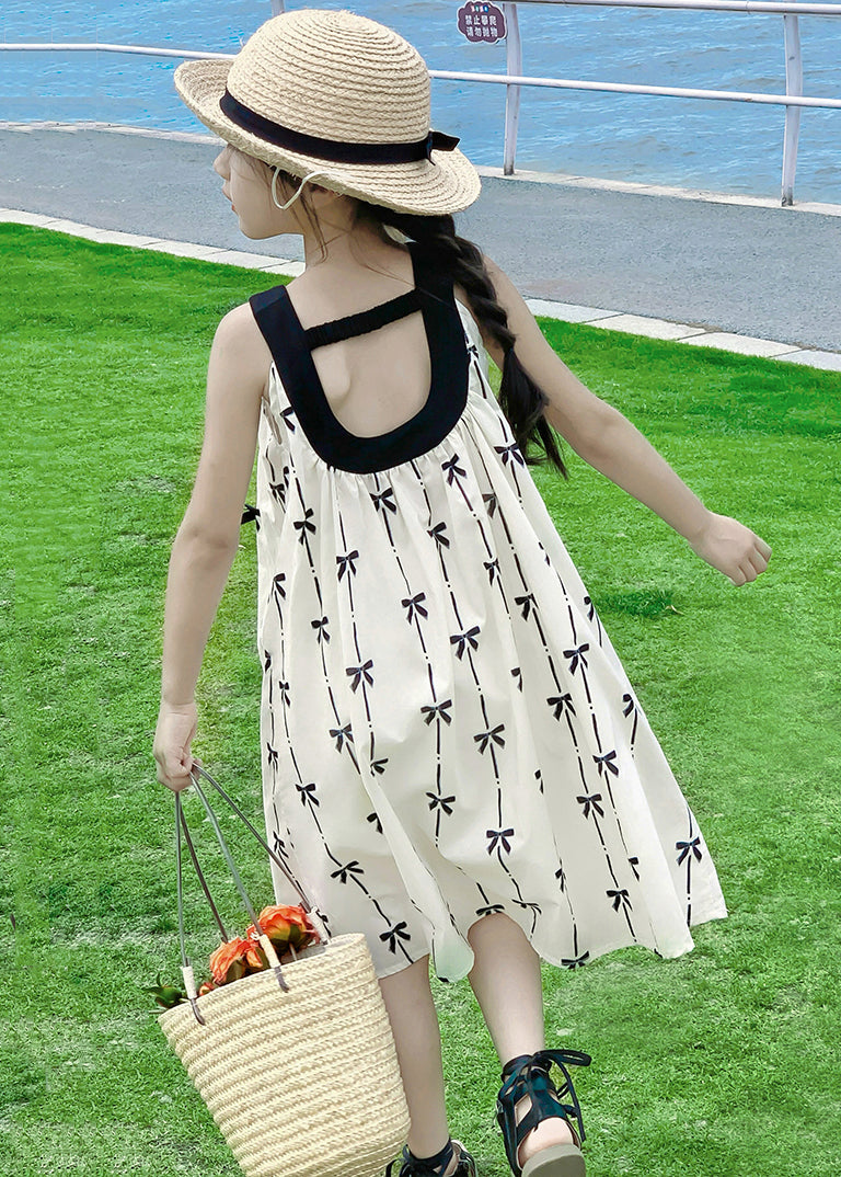New Apricot O Neck Print Cotton Girls Dress Sleeveless EW035