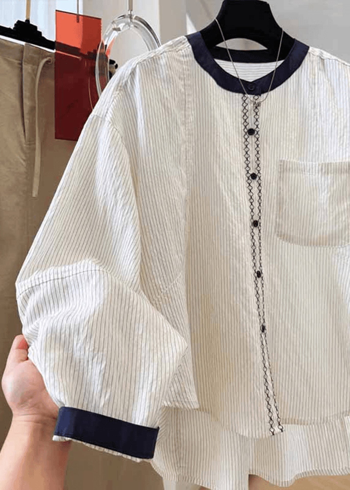 Fall Tops O Cotton Striped Pockets New Blouse Apricot Neck