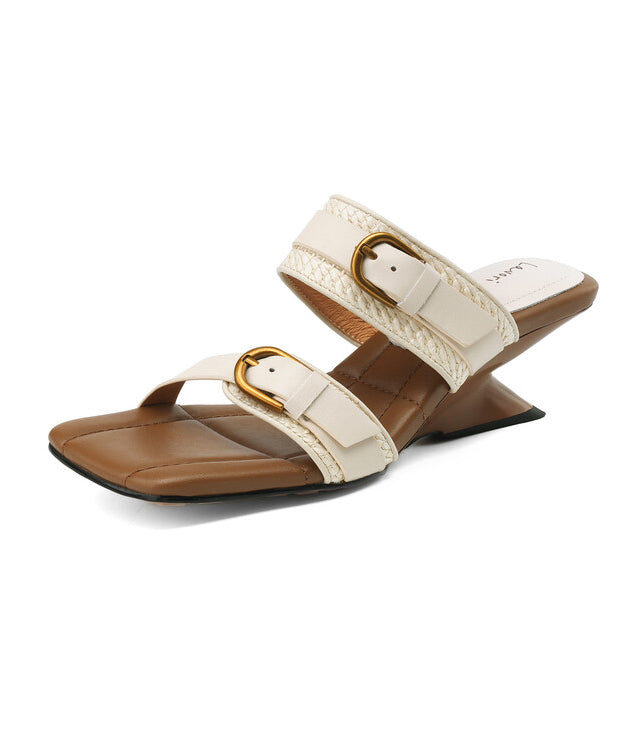 Slippers Wedge Sheepskin Heel Woven New Apricot