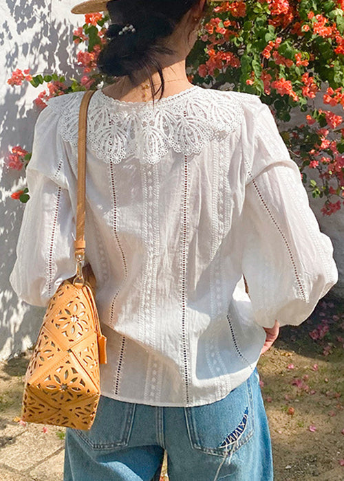 Out Blouses New Embroidered Beige Hollow Cotton Spring