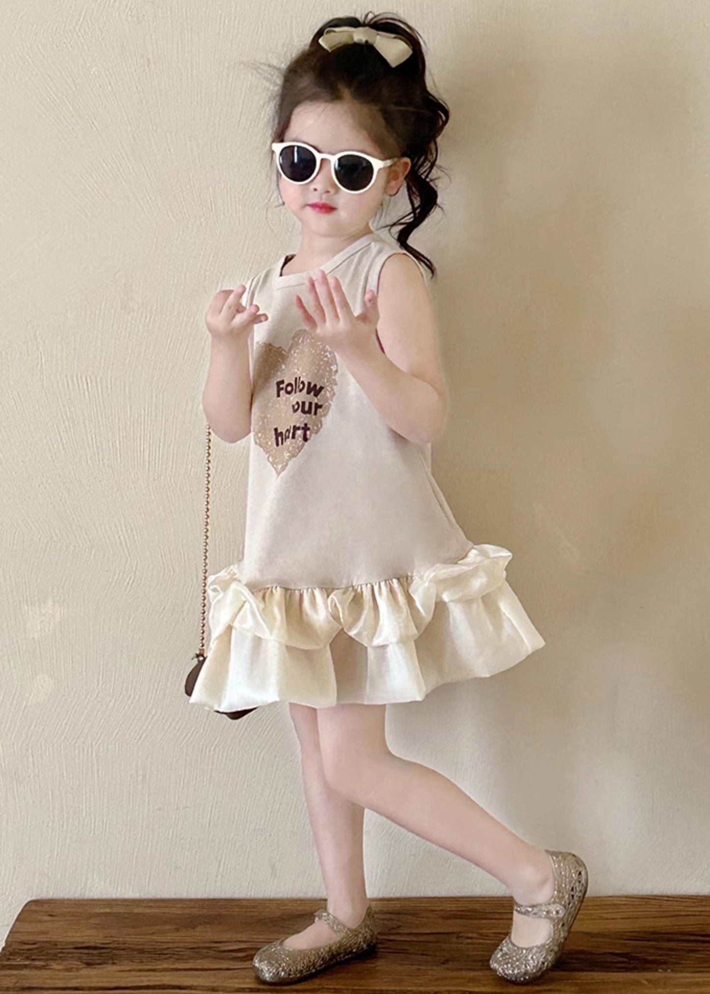 New Beige O-Neck Print Cotton Girls Dresses Sleeveless TT037