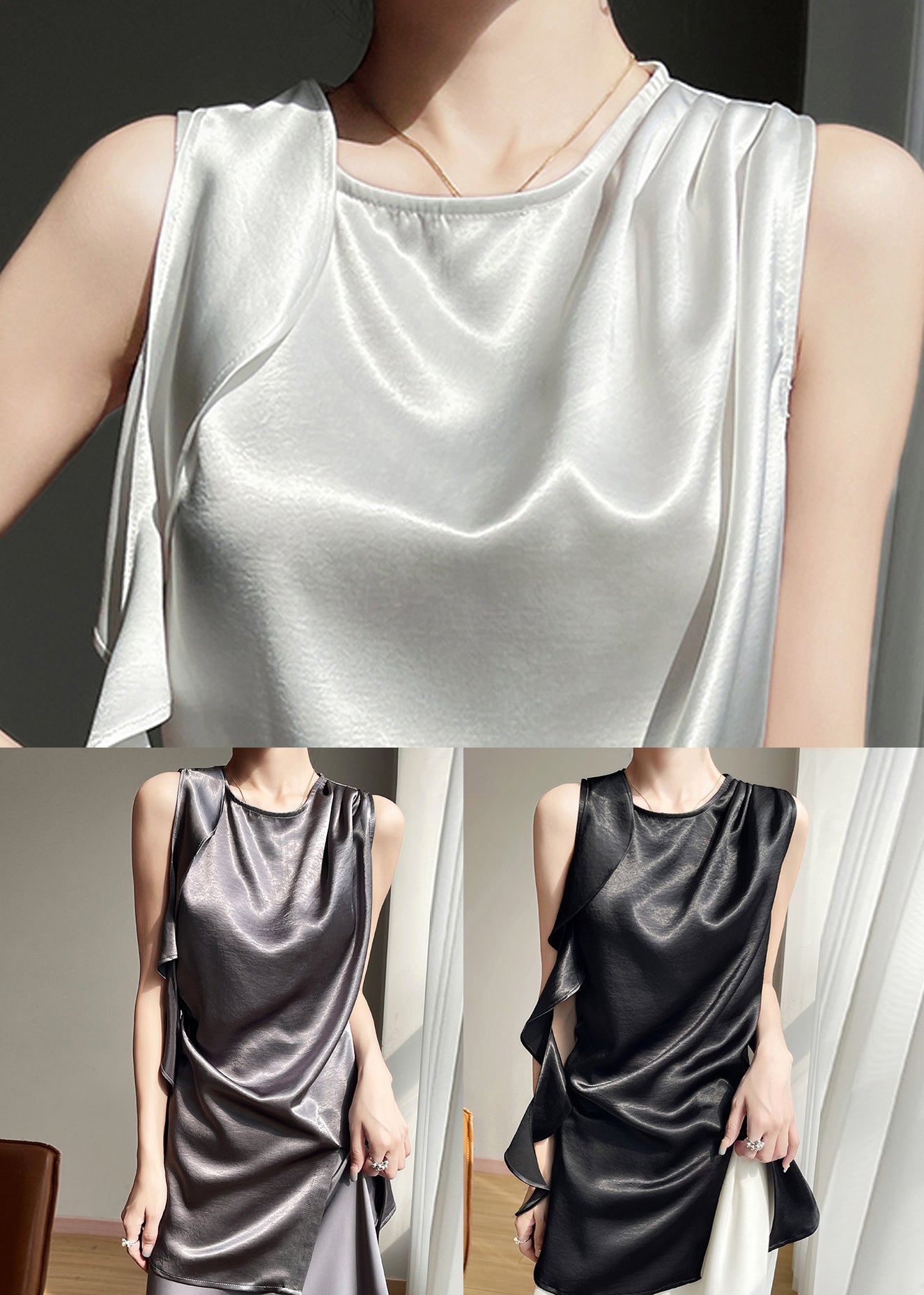 Asymmetrical Solid Summer Silk Tanks Black New