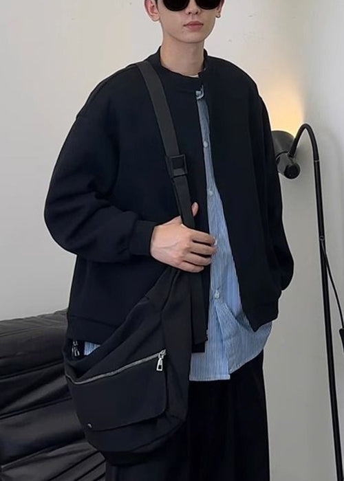 Mens Patchwork Button New Cotton Sweatshirts Black Striped Spring