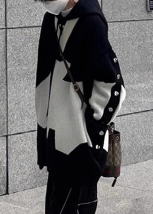 Spring Men Sweaters Hooded Cozy Knit New Patchwork Black