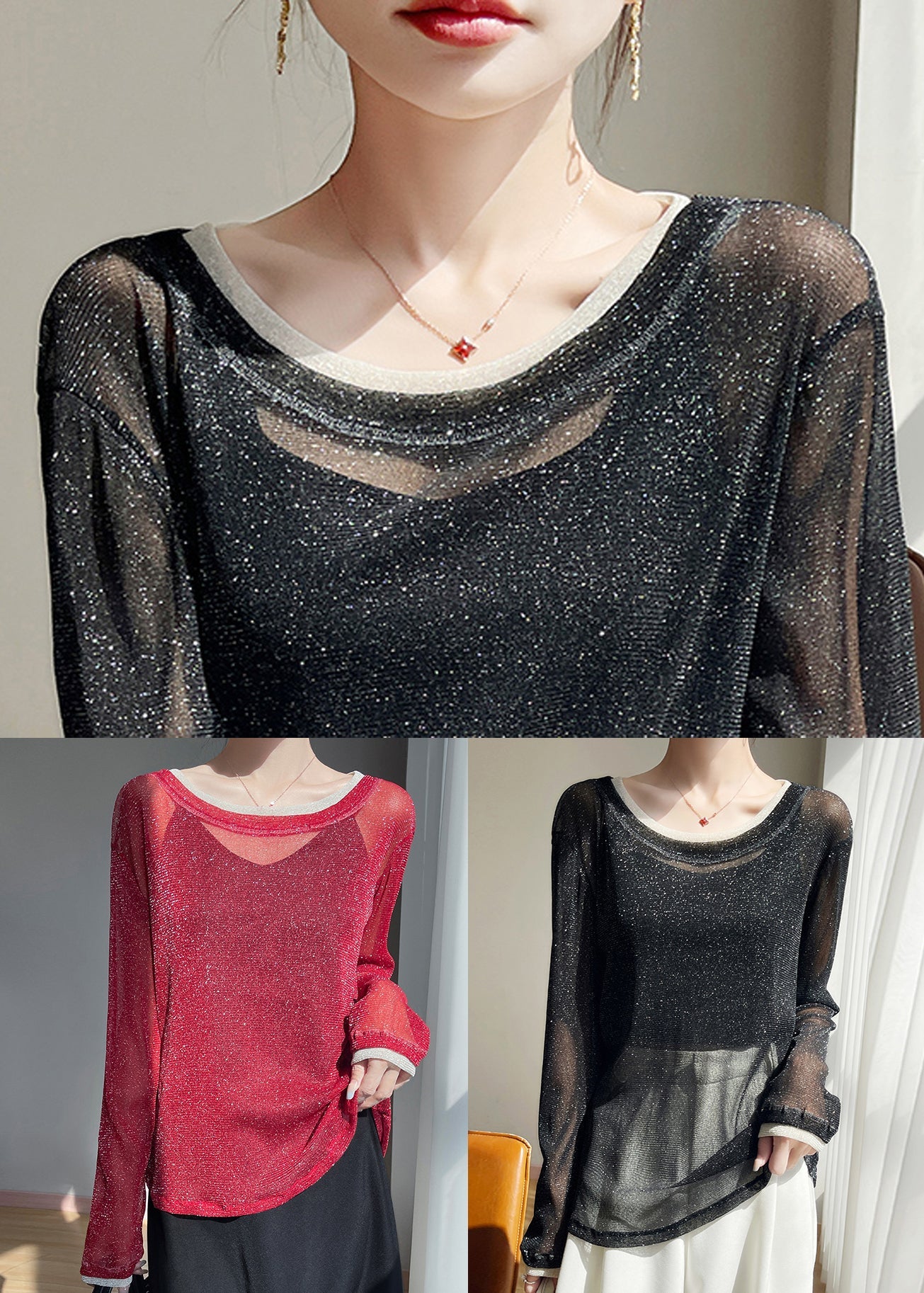 Tulle Black O T Patchwork Thin New Summer Neck Shirts