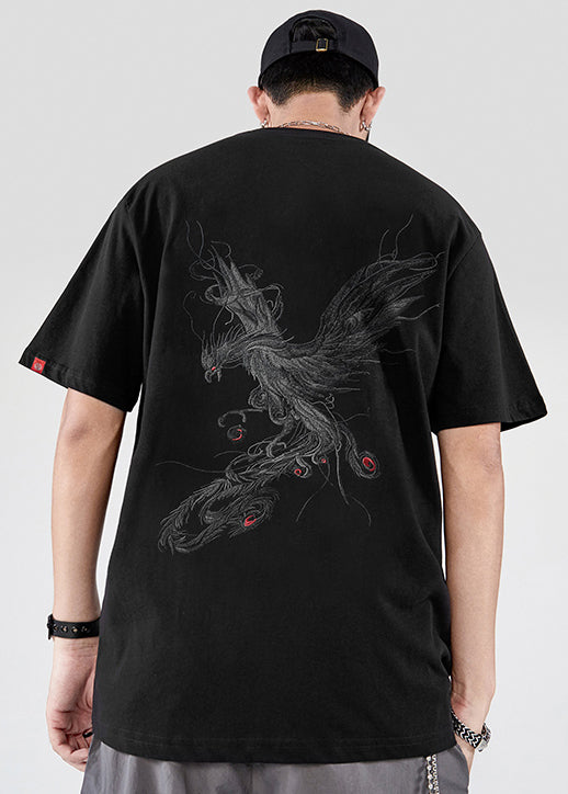 Embroideried T Phoenix Shirt Men Cotton Summer New Black