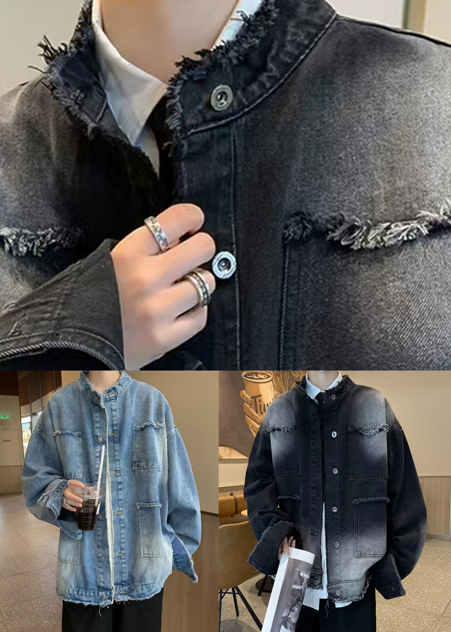 New Black Stand Collar Button Pockets Denim Mens Coat Spring TC037