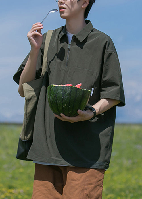 Cotton Summer Shirt Solid Men New Zip Black Up Pockets Polo