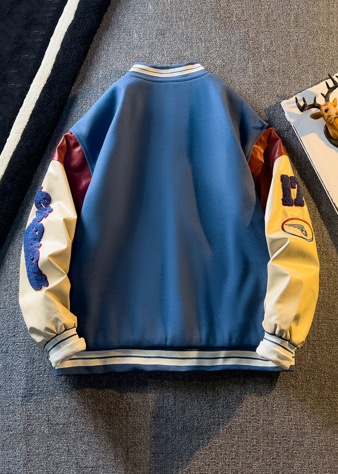 New Blue Button Faux Leather Patchwork Mens Coats Spring TC057