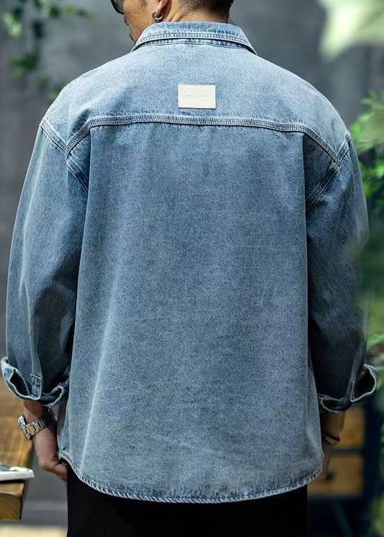 Spring Denim Collar Button Shirt Peter Men Blue New Pan