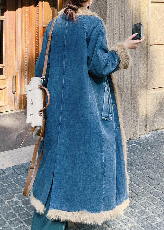 New Blue Pockets Faux Fur Patchwork Fine Cotton Filled Denim Coat Winter YF005