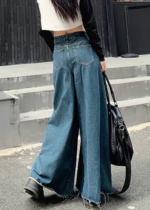 Neu Blau Taschen Hohe Taille Denim Hosen Herbst