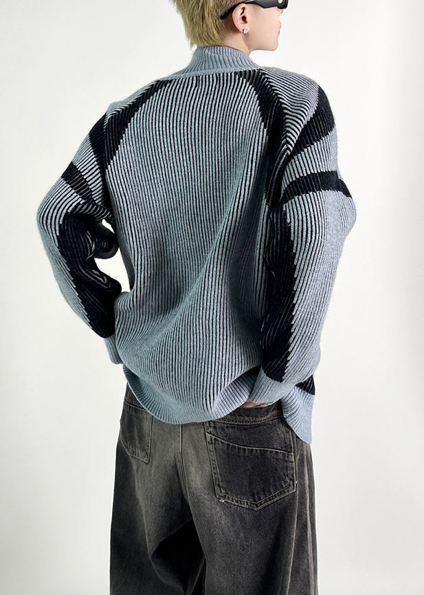 New Blue Striped Zip Up Knit Men Coat Fall G194