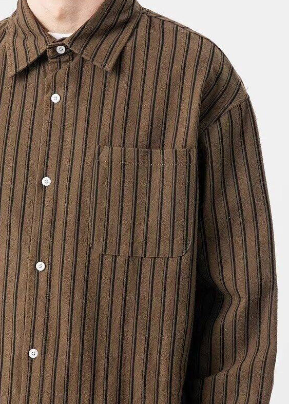 New Button Coffee Cotton Spring Pockets Shirts Men Striped