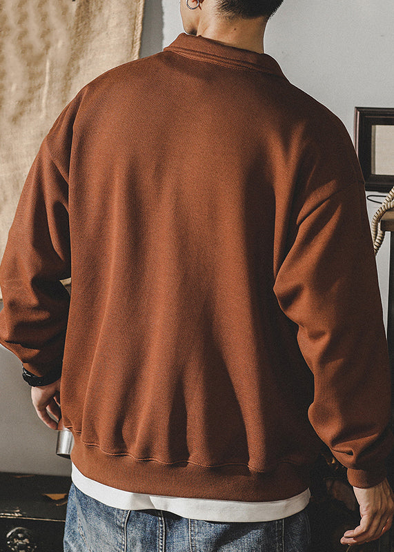 New Dark Coffee Embroideried Button Cotton Men Polo Sweatshirt Spring TC029