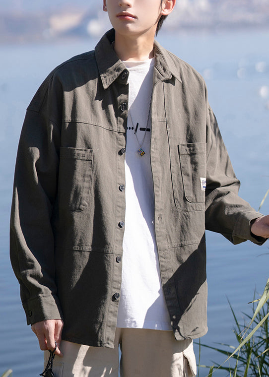 Gray Mens Cotton Pan New Collar Peter Button Shirts Dark Pockets