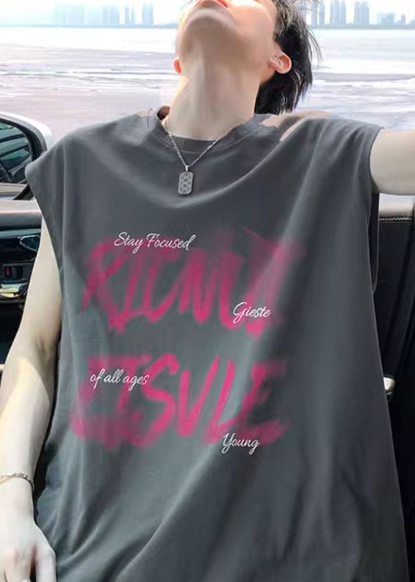 Men New Cotton Dark Print T Shirt Summer Gray Cozy