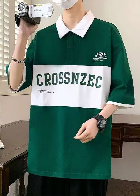 Sleeve Men Half New Polo Cotton Letter Patchwork Green Shirt