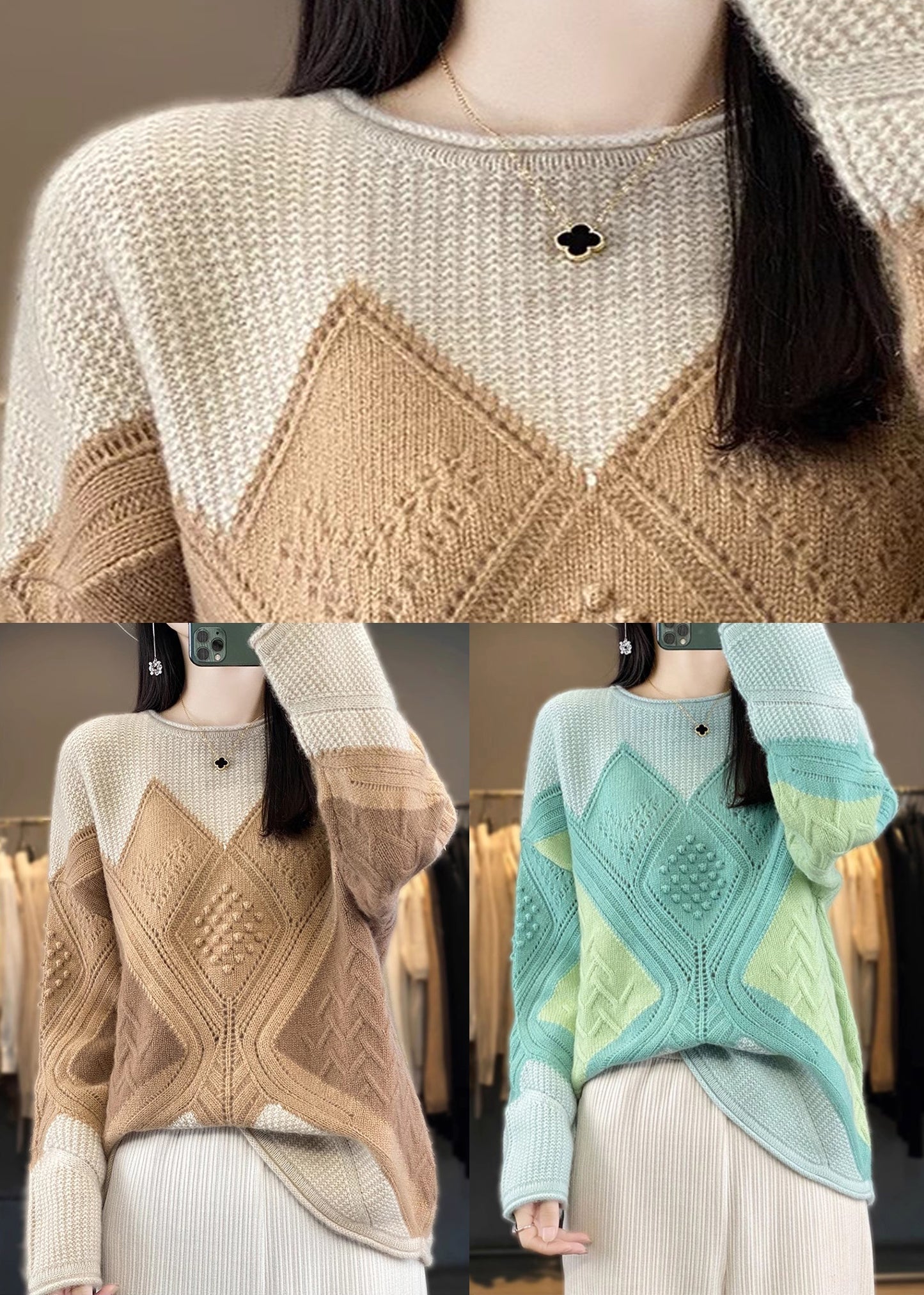 New Green O-Neck Patchwork Woolen Knit Sweater Spring YW044