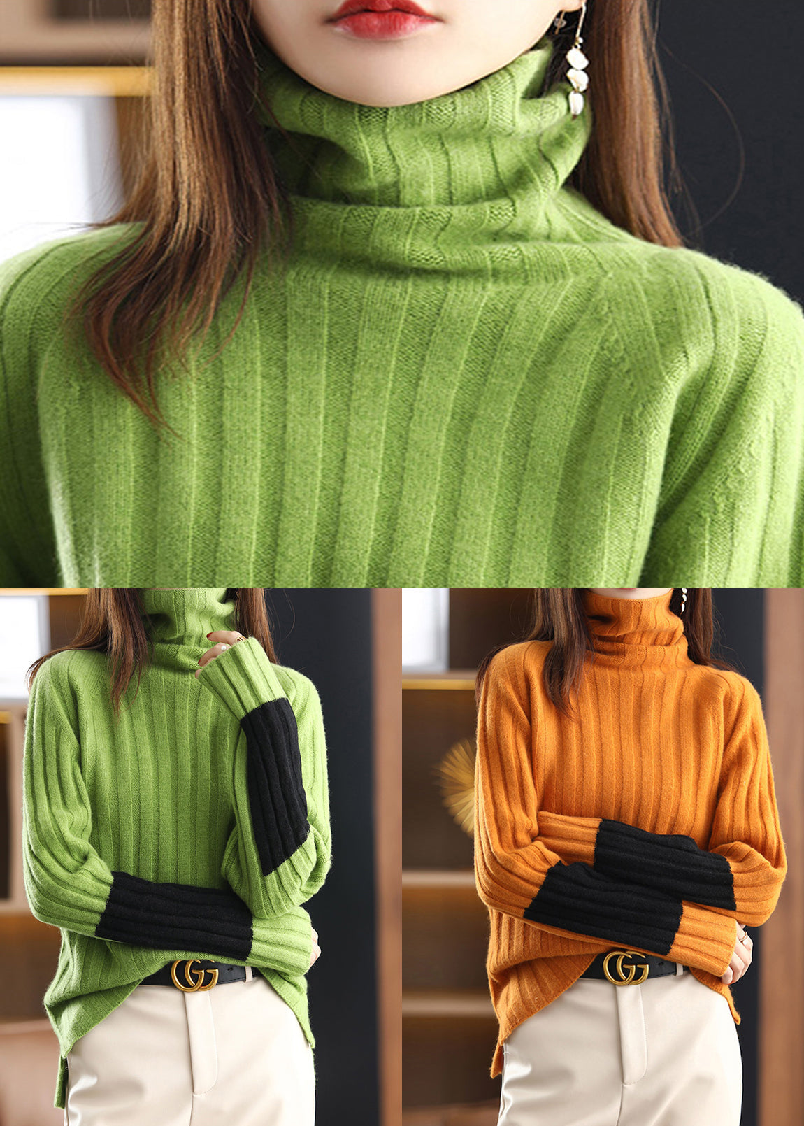 New Green Turtleneck Patchwork Woolen Sweaters Spring TF044