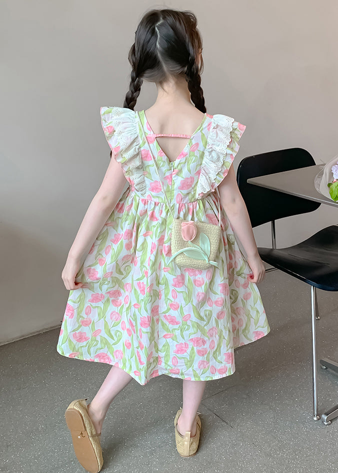 New Green Zippered Print Cotton Girls Long Dress Summer EW058