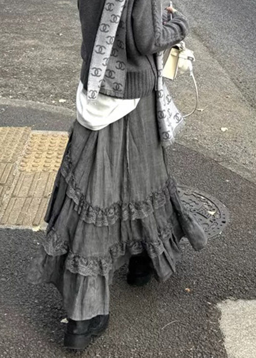 Spring New Grey High Lace Skirts Waist Cotton