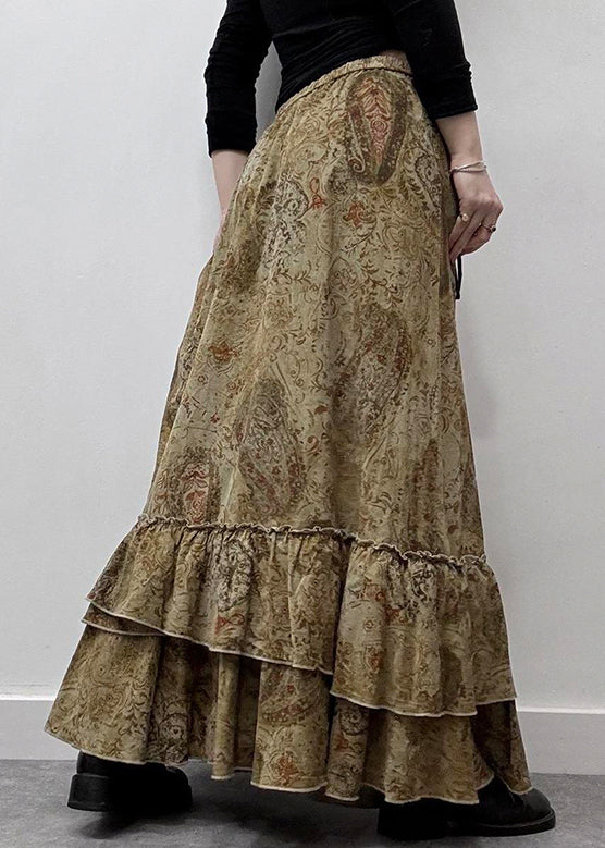 Waist Skirts New Print Cotton Summer Khaki Elastic Maxi Ruffled