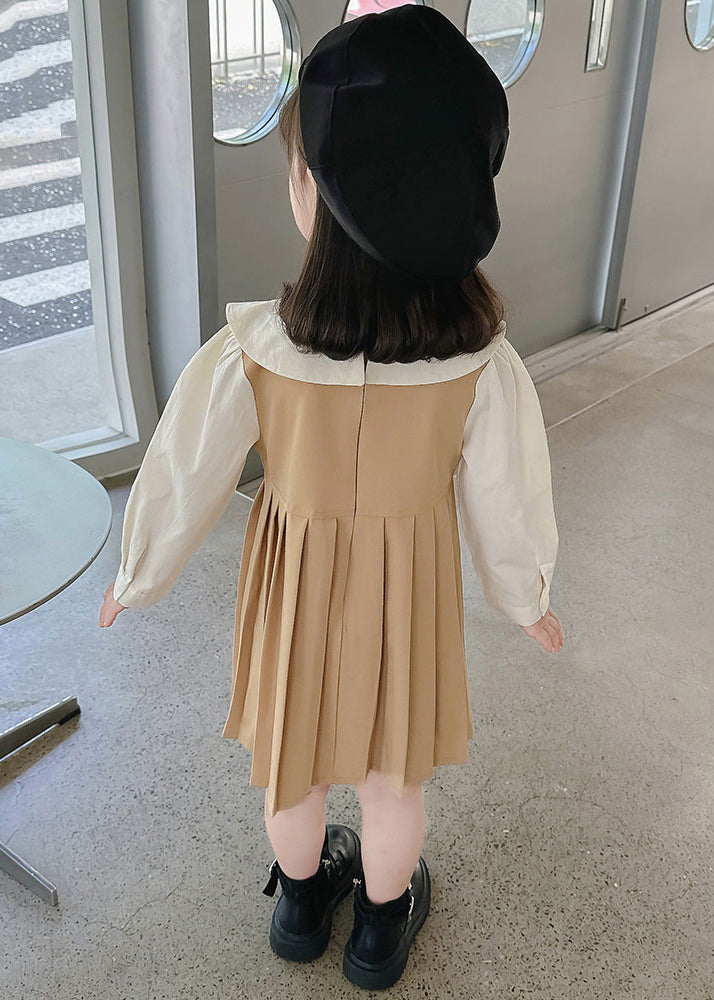 New Khaki Wrinkled False Two Pieces Cotton Girls Long Dress Fall XZ015