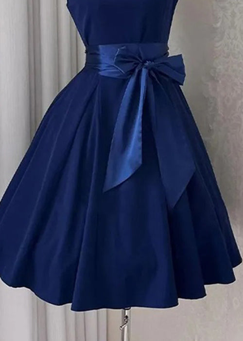 Solid Mid Sleeveless Bow Navy Dress New Cotton
