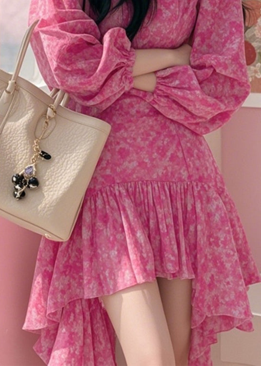 Spring Pink New Dress Print Mid Asymmetrical Cotton