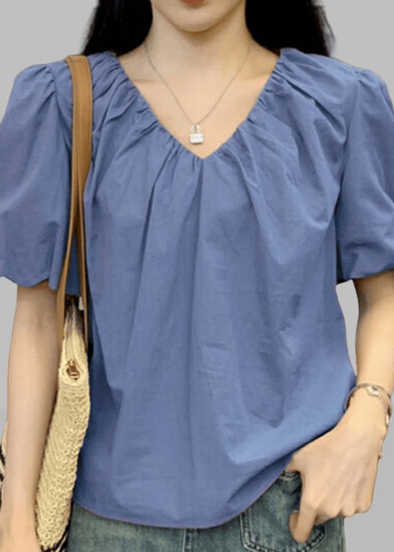 New Pink V Neck Solid Cotton Shirts Short Sleeve SS003