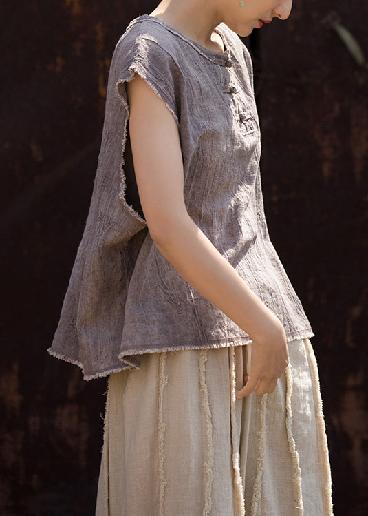 Haut d'été en coton violet à col rond et boutons chinois LK035