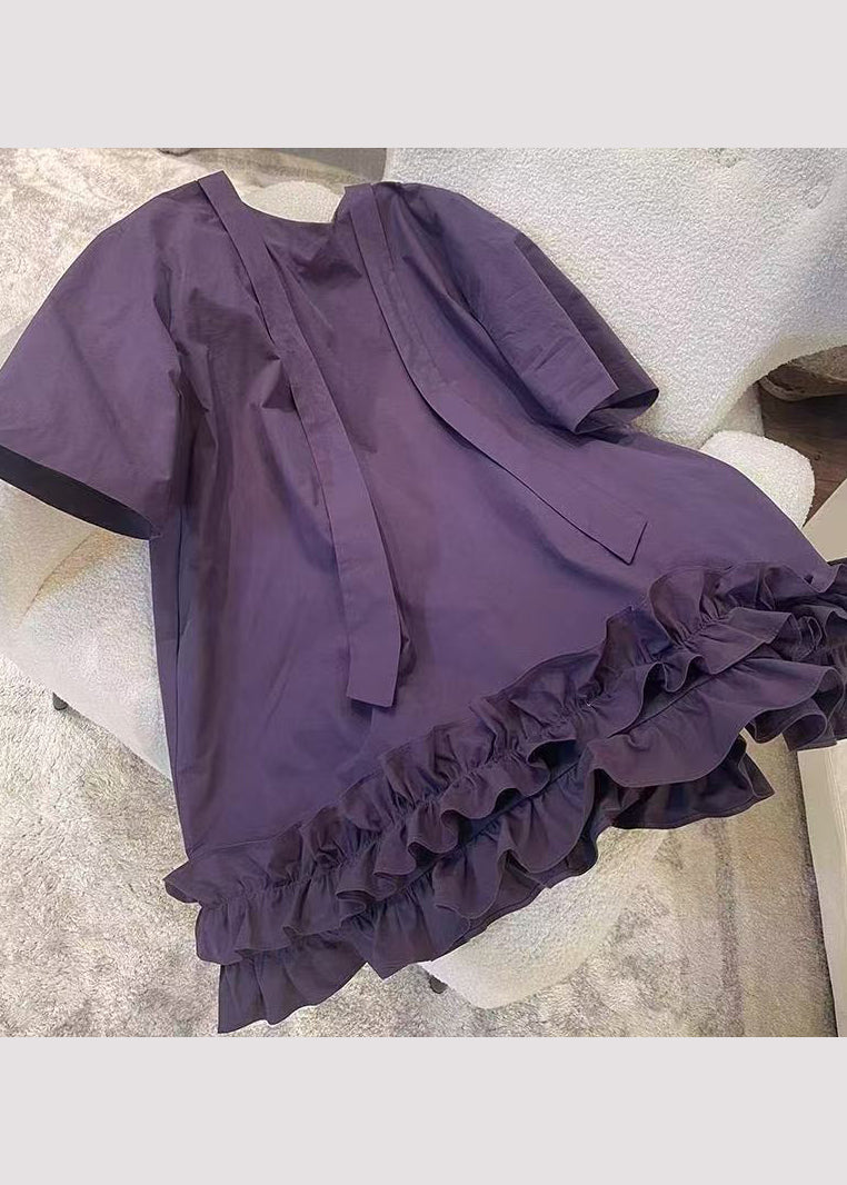 Neck O Cotton New Ruffled Mid Patchwork Dresses Purple Summer