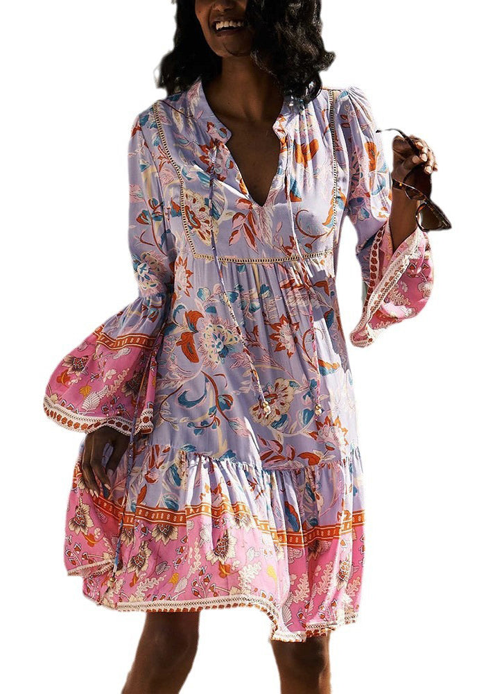 Neu Lila V-Ausschnitt Schnürung Print Baumwolle Midi Kleid Frühling FF097