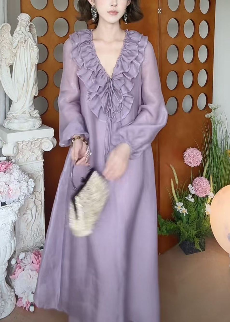 Long Lace Neck V Fall Silk Ruffled Up New Purple Dress