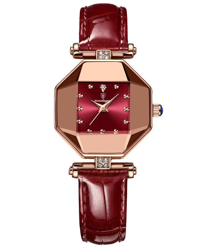 Mineral Red Waterproof Movement New Glass Leather Quartz Tempere