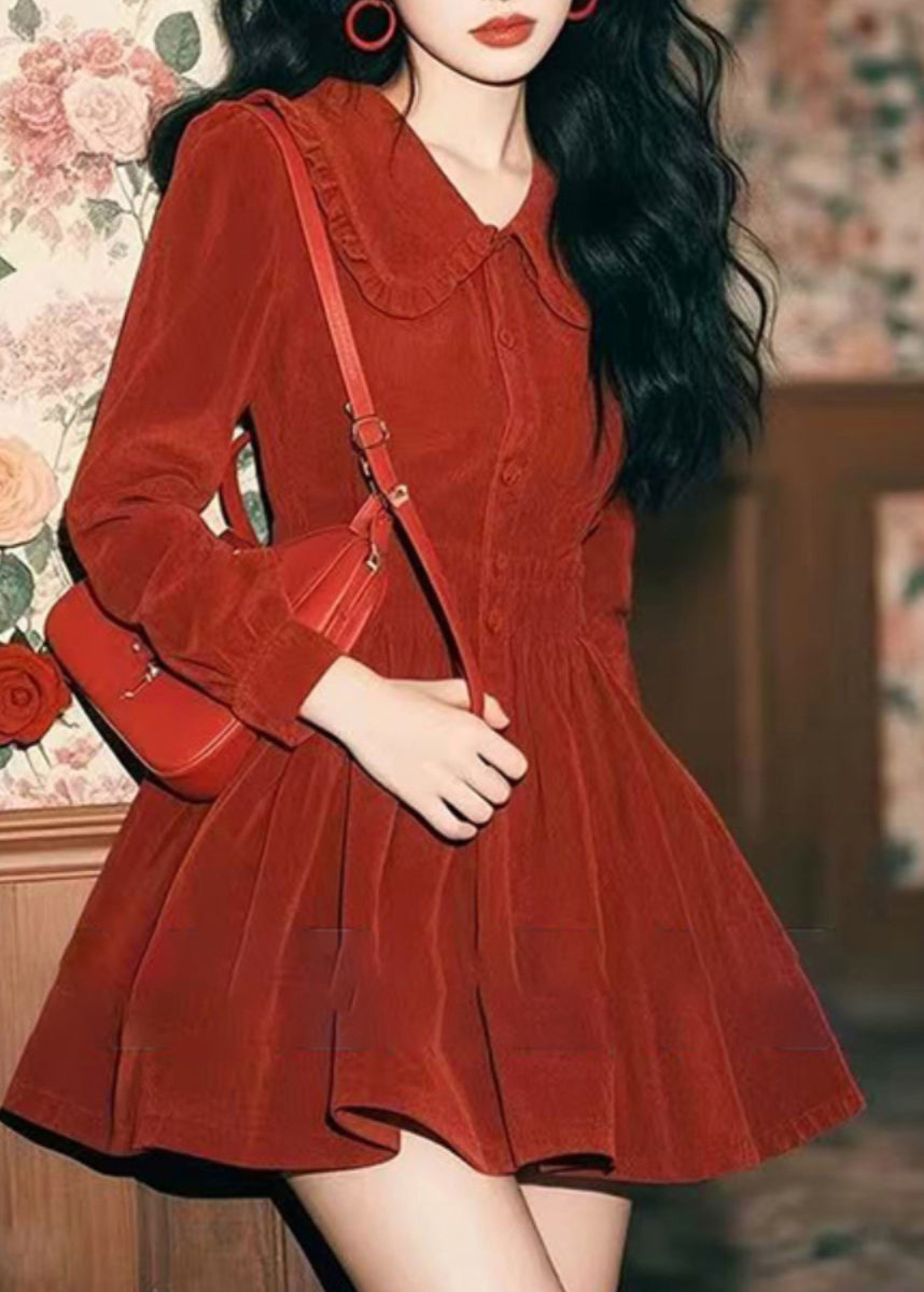 Pan Corduroy Spring Collar Red Peter New Mid Dress Button