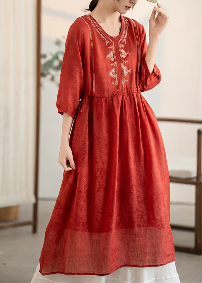 V Wrinkled New Dress Linen Neck Red Summer Embroidered